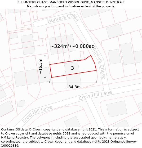 3, HUNTERS CHASE, MANSFIELD WOODHOUSE, MANSFIELD, NG19 9JE: Plot and title map