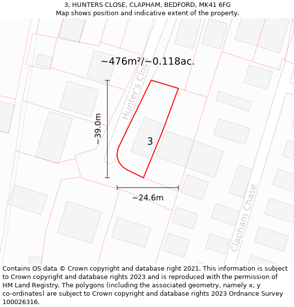 3, HUNTERS CLOSE, CLAPHAM, BEDFORD, MK41 6FG: Plot and title map