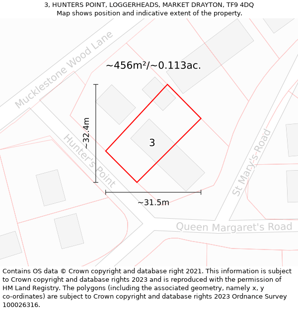 3, HUNTERS POINT, LOGGERHEADS, MARKET DRAYTON, TF9 4DQ: Plot and title map