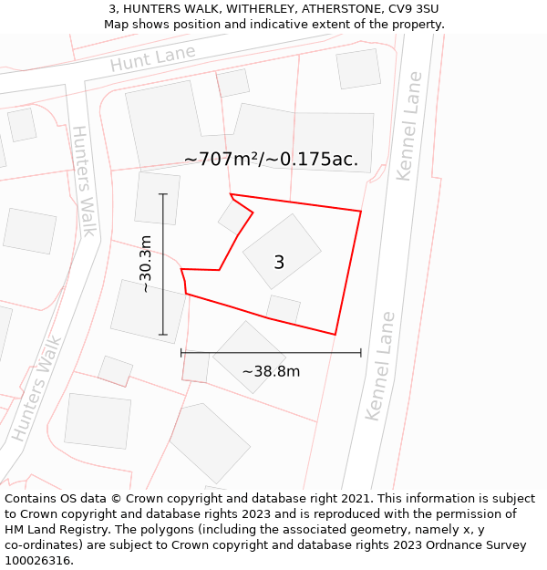 3, HUNTERS WALK, WITHERLEY, ATHERSTONE, CV9 3SU: Plot and title map