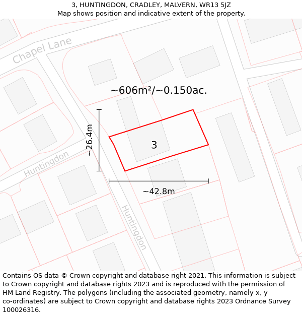 3, HUNTINGDON, CRADLEY, MALVERN, WR13 5JZ: Plot and title map