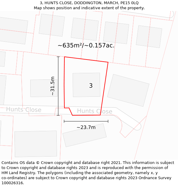 3, HUNTS CLOSE, DODDINGTON, MARCH, PE15 0LQ: Plot and title map