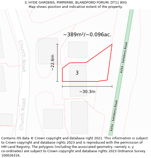 3, HYDE GARDENS, PIMPERNE, BLANDFORD FORUM, DT11 8XG: Plot and title map