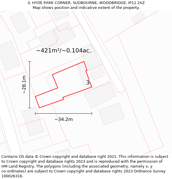 3, HYDE PARK CORNER, SUDBOURNE, WOODBRIDGE, IP12 2AZ: Plot and title map