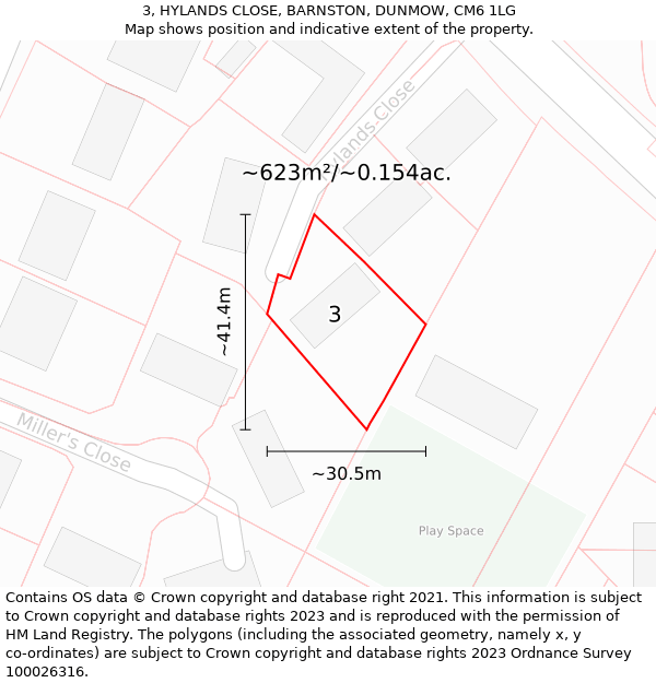 3, HYLANDS CLOSE, BARNSTON, DUNMOW, CM6 1LG: Plot and title map