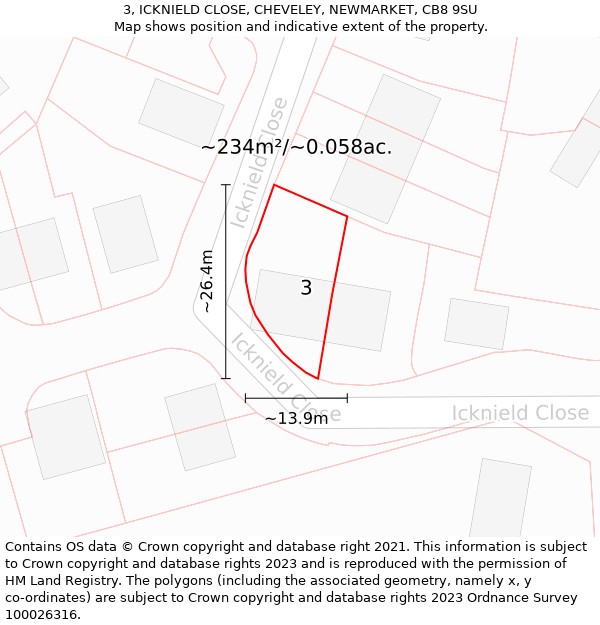 3, ICKNIELD CLOSE, CHEVELEY, NEWMARKET, CB8 9SU: Plot and title map