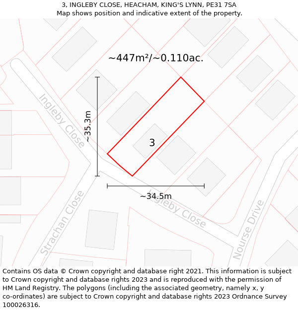 3, INGLEBY CLOSE, HEACHAM, KING'S LYNN, PE31 7SA: Plot and title map