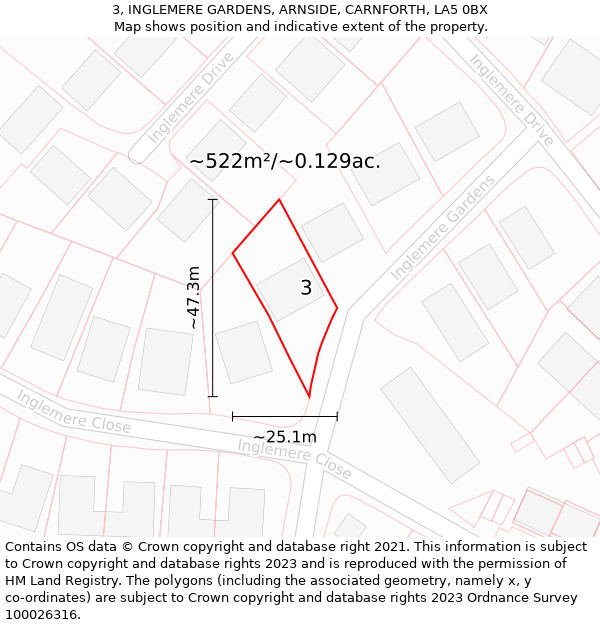 3, INGLEMERE GARDENS, ARNSIDE, CARNFORTH, LA5 0BX: Plot and title map