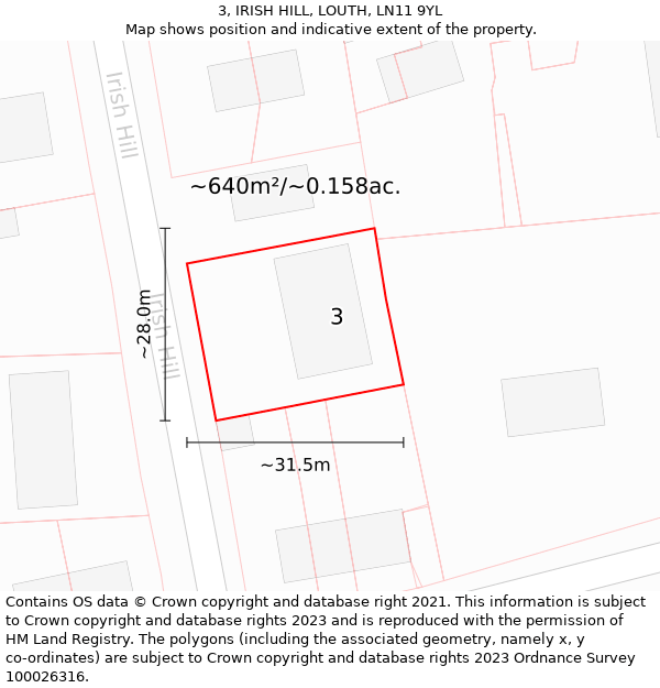 3, IRISH HILL, LOUTH, LN11 9YL: Plot and title map