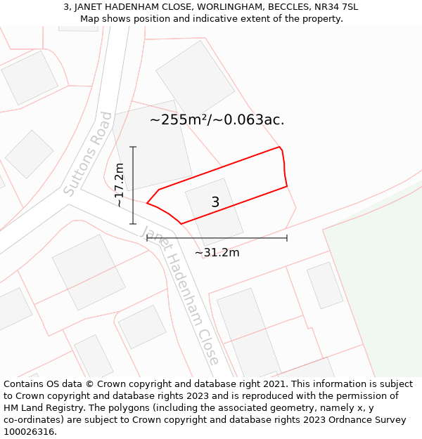 3, JANET HADENHAM CLOSE, WORLINGHAM, BECCLES, NR34 7SL: Plot and title map