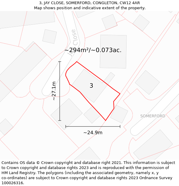 3, JAY CLOSE, SOMERFORD, CONGLETON, CW12 4AR: Plot and title map