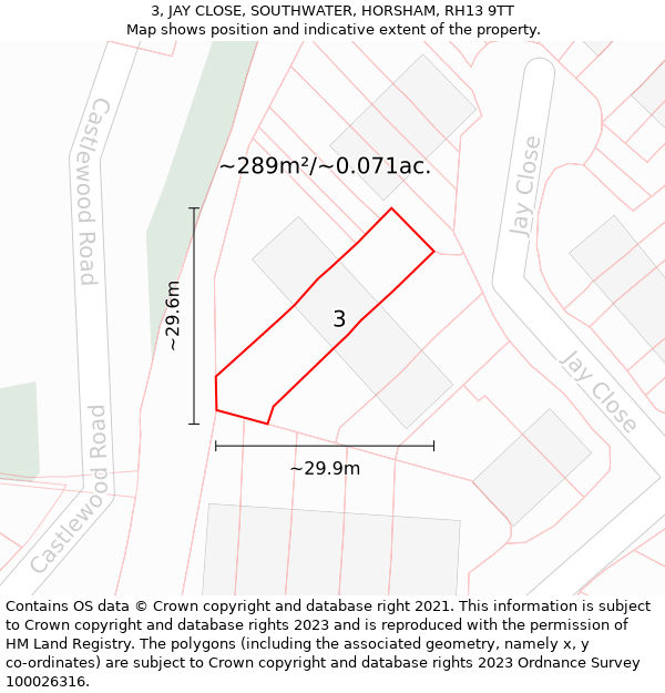 3, JAY CLOSE, SOUTHWATER, HORSHAM, RH13 9TT: Plot and title map