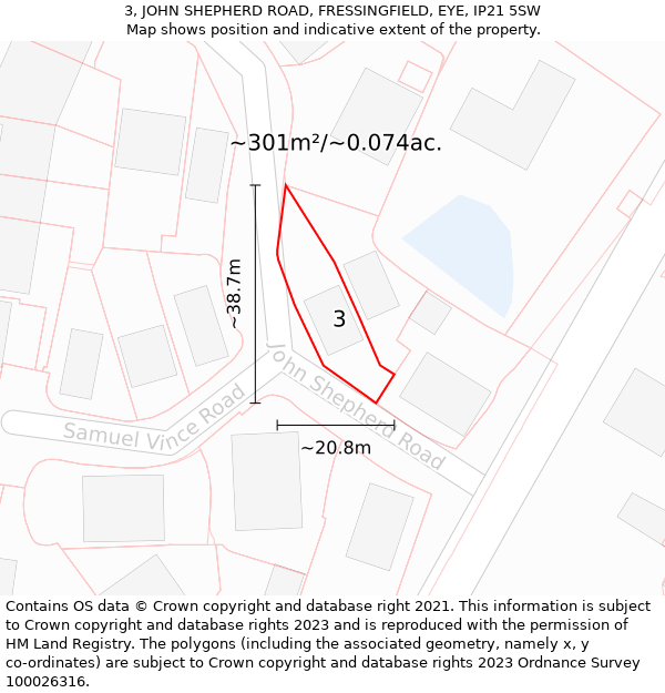 3, JOHN SHEPHERD ROAD, FRESSINGFIELD, EYE, IP21 5SW: Plot and title map