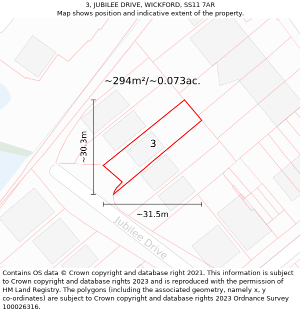 3, JUBILEE DRIVE, WICKFORD, SS11 7AR: Plot and title map