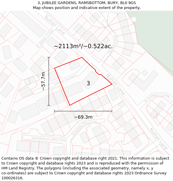 3, JUBILEE GARDENS, RAMSBOTTOM, BURY, BL0 9GS: Plot and title map