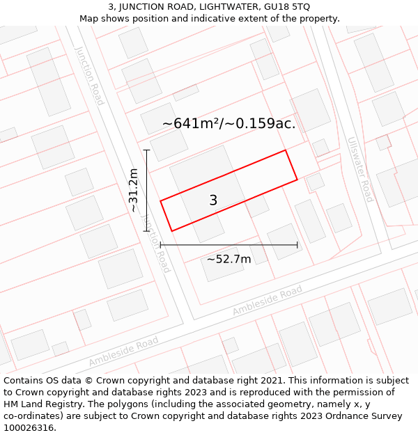 3, JUNCTION ROAD, LIGHTWATER, GU18 5TQ: Plot and title map