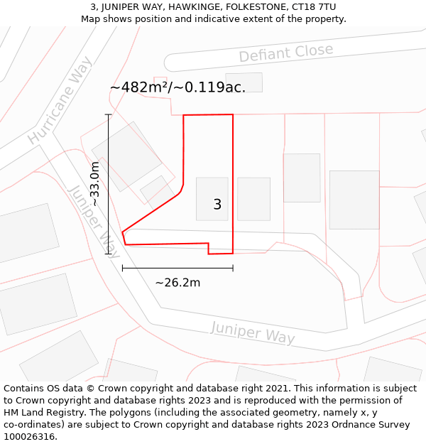 3, JUNIPER WAY, HAWKINGE, FOLKESTONE, CT18 7TU: Plot and title map