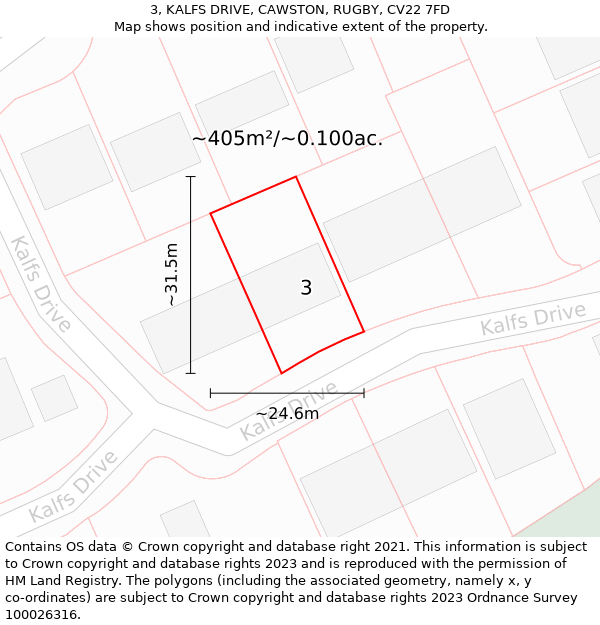 3, KALFS DRIVE, CAWSTON, RUGBY, CV22 7FD: Plot and title map