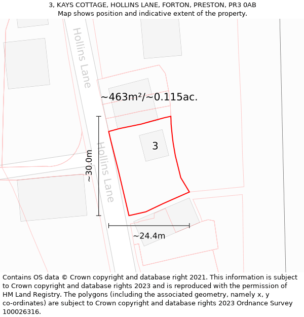 3, KAYS COTTAGE, HOLLINS LANE, FORTON, PRESTON, PR3 0AB: Plot and title map