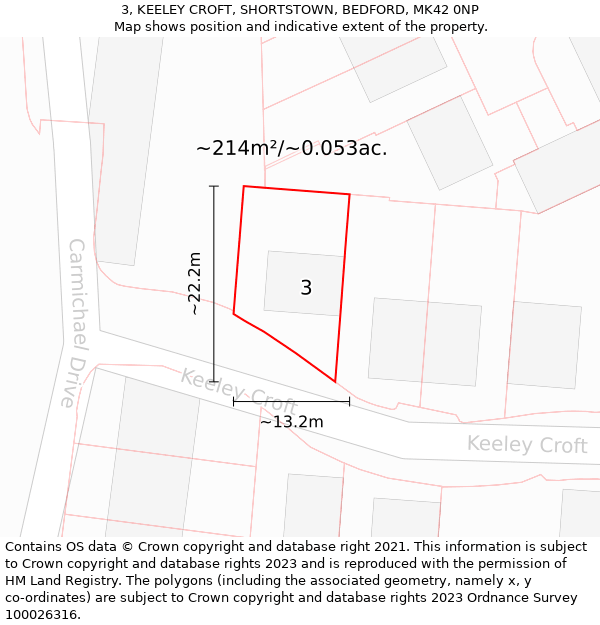 3, KEELEY CROFT, SHORTSTOWN, BEDFORD, MK42 0NP: Plot and title map