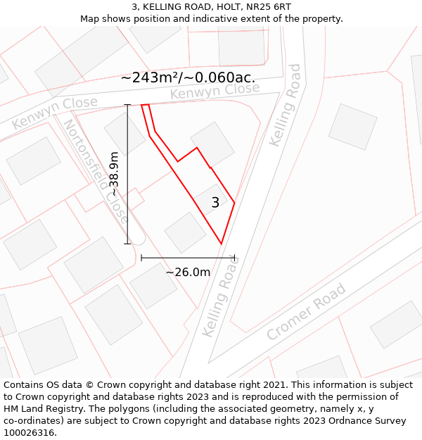 3, KELLING ROAD, HOLT, NR25 6RT: Plot and title map