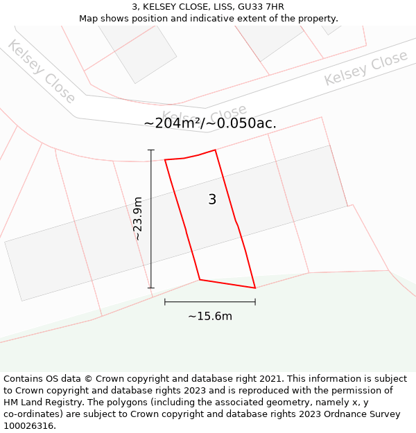 3, KELSEY CLOSE, LISS, GU33 7HR: Plot and title map
