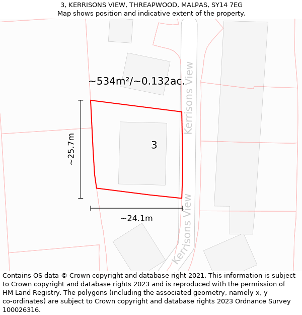 3, KERRISONS VIEW, THREAPWOOD, MALPAS, SY14 7EG: Plot and title map