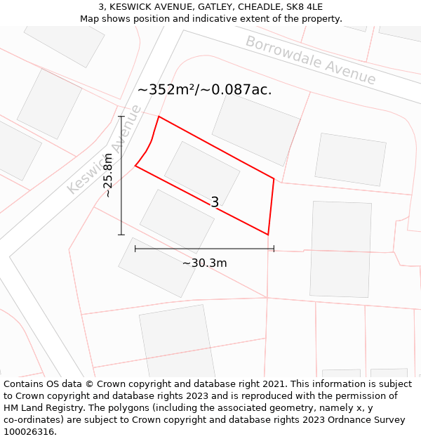 3, KESWICK AVENUE, GATLEY, CHEADLE, SK8 4LE: Plot and title map