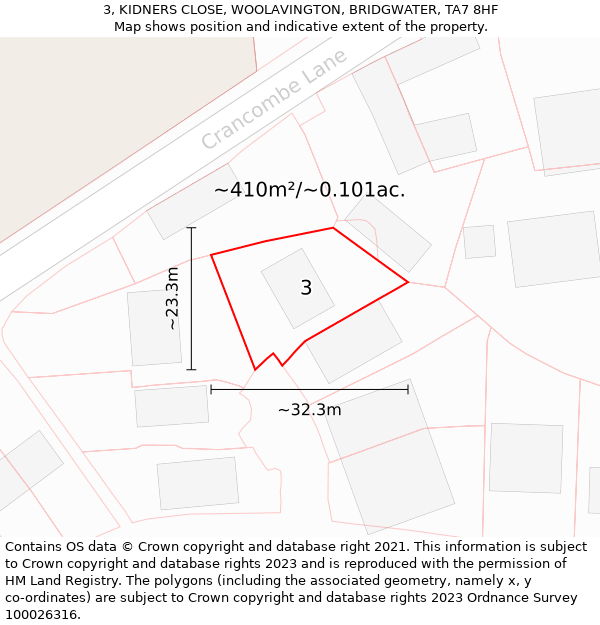 3, KIDNERS CLOSE, WOOLAVINGTON, BRIDGWATER, TA7 8HF: Plot and title map