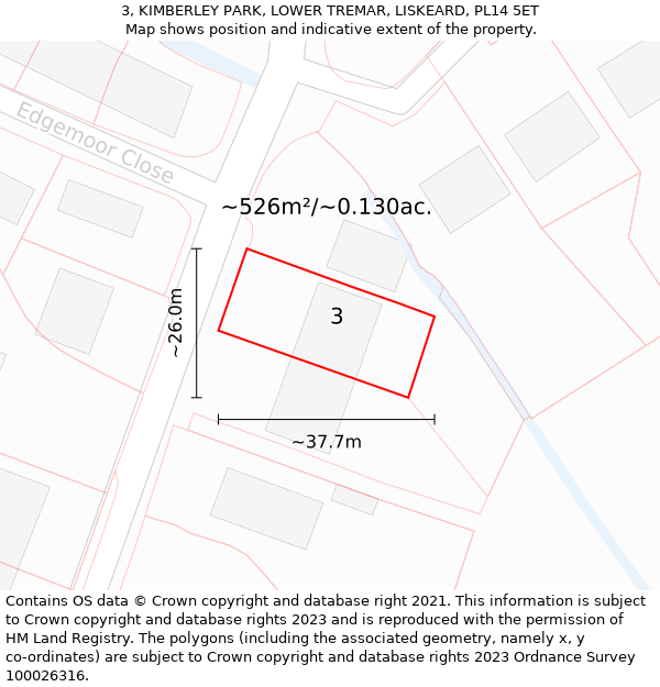 3, KIMBERLEY PARK, LOWER TREMAR, LISKEARD, PL14 5ET: Plot and title map