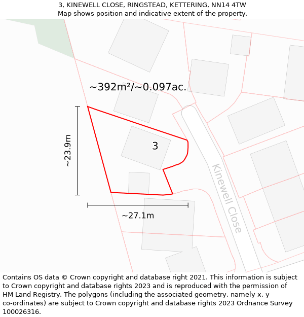 3, KINEWELL CLOSE, RINGSTEAD, KETTERING, NN14 4TW: Plot and title map