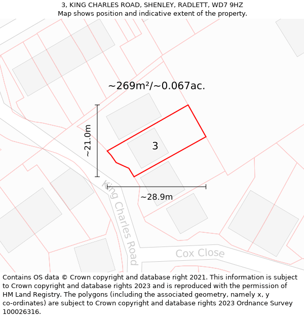 3, KING CHARLES ROAD, SHENLEY, RADLETT, WD7 9HZ: Plot and title map
