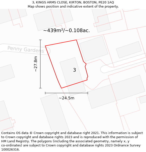 3, KINGS ARMS CLOSE, KIRTON, BOSTON, PE20 1AQ: Plot and title map