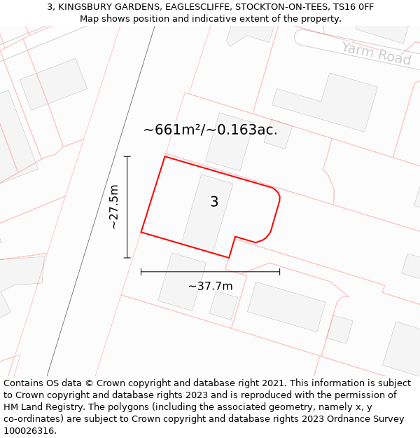 3, KINGSBURY GARDENS, EAGLESCLIFFE, STOCKTON-ON-TEES, TS16 0FF: Plot and title map