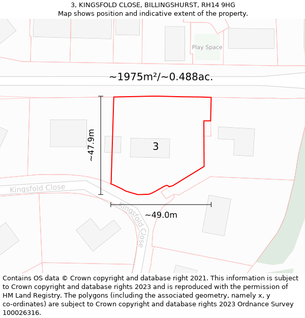 3, KINGSFOLD CLOSE, BILLINGSHURST, RH14 9HG: Plot and title map