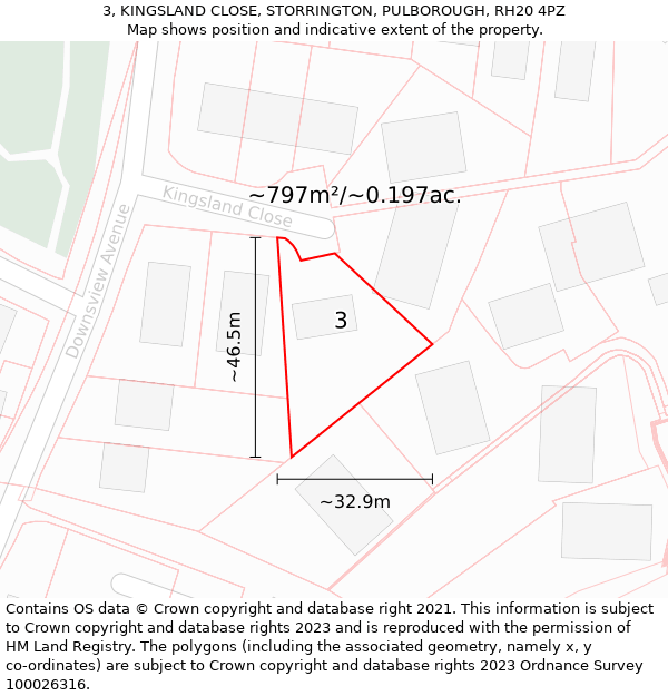 3, KINGSLAND CLOSE, STORRINGTON, PULBOROUGH, RH20 4PZ: Plot and title map