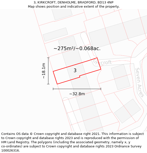 3, KIRKCROFT, DENHOLME, BRADFORD, BD13 4NP: Plot and title map