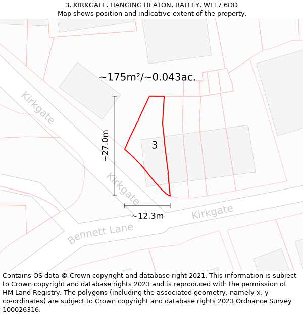 3, KIRKGATE, HANGING HEATON, BATLEY, WF17 6DD: Plot and title map