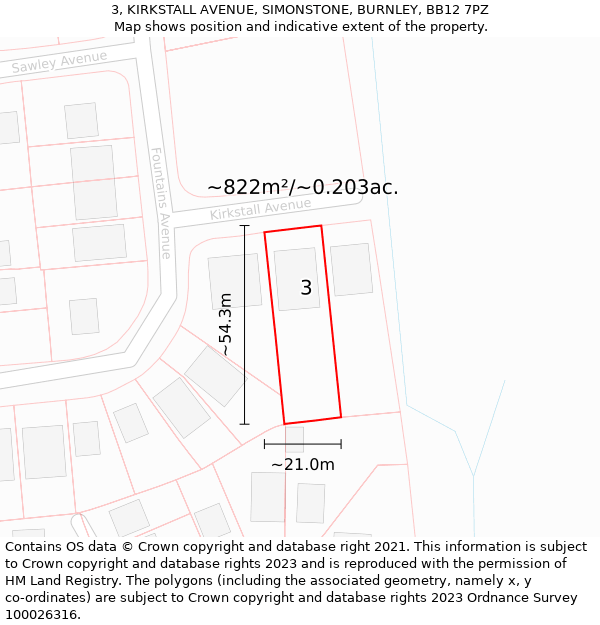 3, KIRKSTALL AVENUE, SIMONSTONE, BURNLEY, BB12 7PZ: Plot and title map