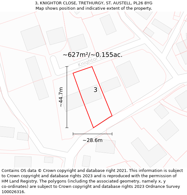 3, KNIGHTOR CLOSE, TRETHURGY, ST. AUSTELL, PL26 8YG: Plot and title map