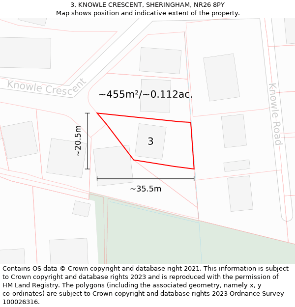 3, KNOWLE CRESCENT, SHERINGHAM, NR26 8PY: Plot and title map