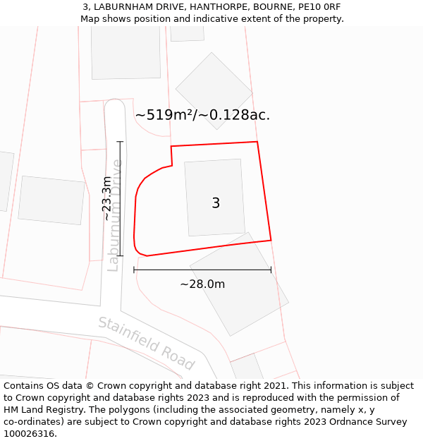 3, LABURNHAM DRIVE, HANTHORPE, BOURNE, PE10 0RF: Plot and title map