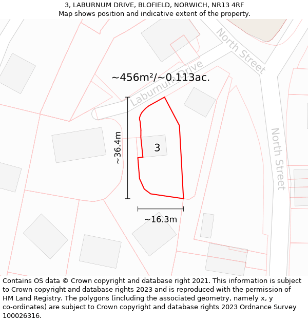 3, LABURNUM DRIVE, BLOFIELD, NORWICH, NR13 4RF: Plot and title map