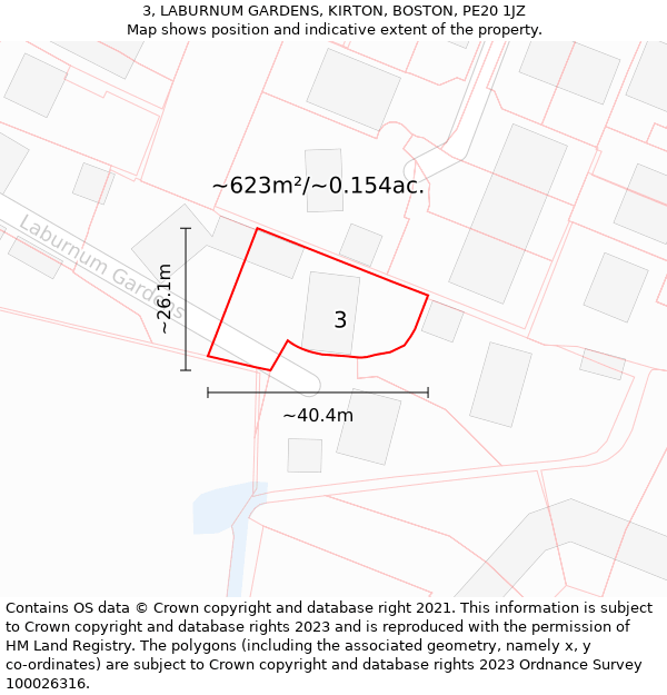 3, LABURNUM GARDENS, KIRTON, BOSTON, PE20 1JZ: Plot and title map