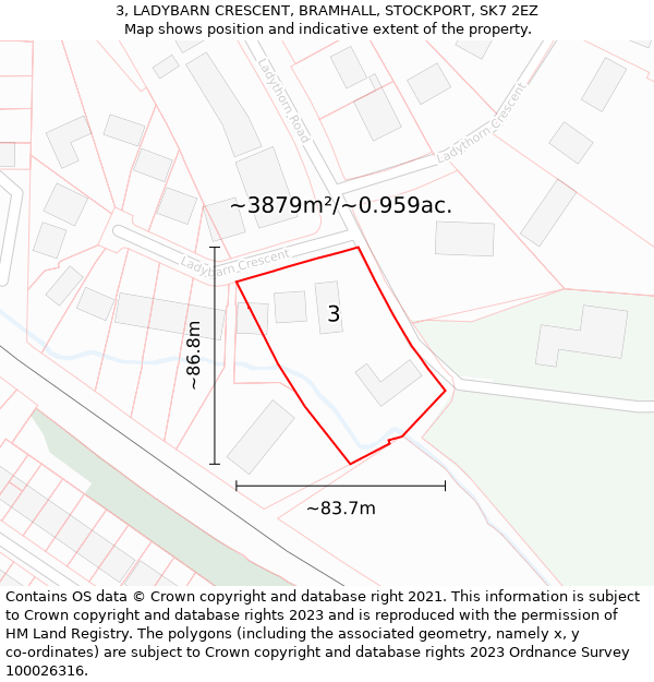 3, LADYBARN CRESCENT, BRAMHALL, STOCKPORT, SK7 2EZ: Plot and title map