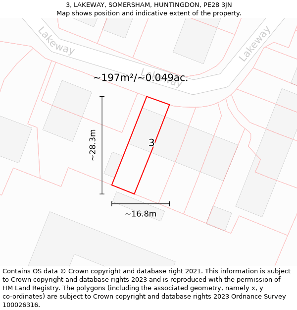 3, LAKEWAY, SOMERSHAM, HUNTINGDON, PE28 3JN: Plot and title map