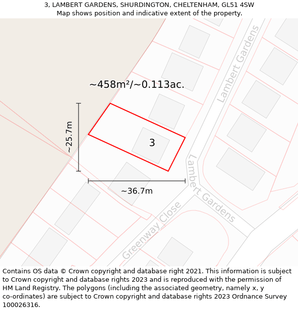 3, LAMBERT GARDENS, SHURDINGTON, CHELTENHAM, GL51 4SW: Plot and title map