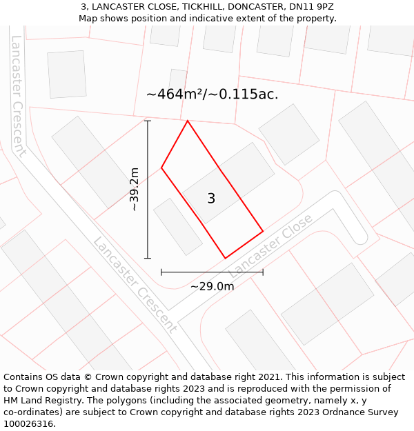 3, LANCASTER CLOSE, TICKHILL, DONCASTER, DN11 9PZ: Plot and title map