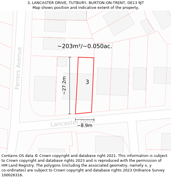 3, LANCASTER DRIVE, TUTBURY, BURTON-ON-TRENT, DE13 9JT: Plot and title map