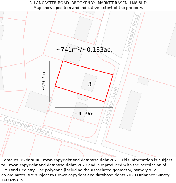 3, LANCASTER ROAD, BROOKENBY, MARKET RASEN, LN8 6HD: Plot and title map